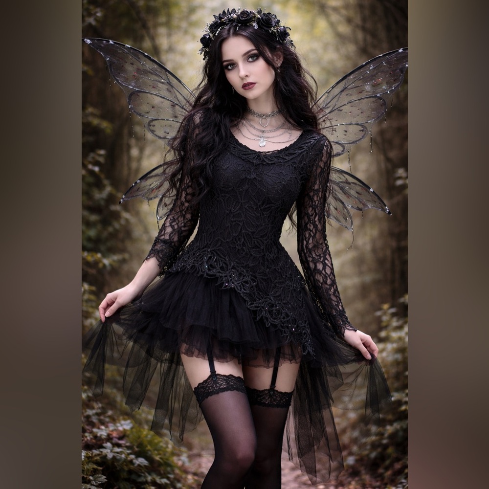 Soulmates Y2K 100% Silk Whimsical Goth Fairy 3D Floral Lace Fitted Top Sz L